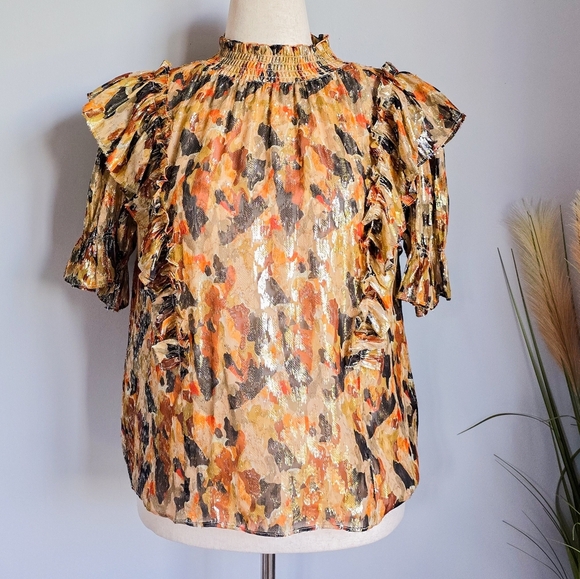 BA&SH New Gilda Silk Metallic Ochre Ruffle Abstract Lady Blouse Top SZ Small - Picture 2 of 16